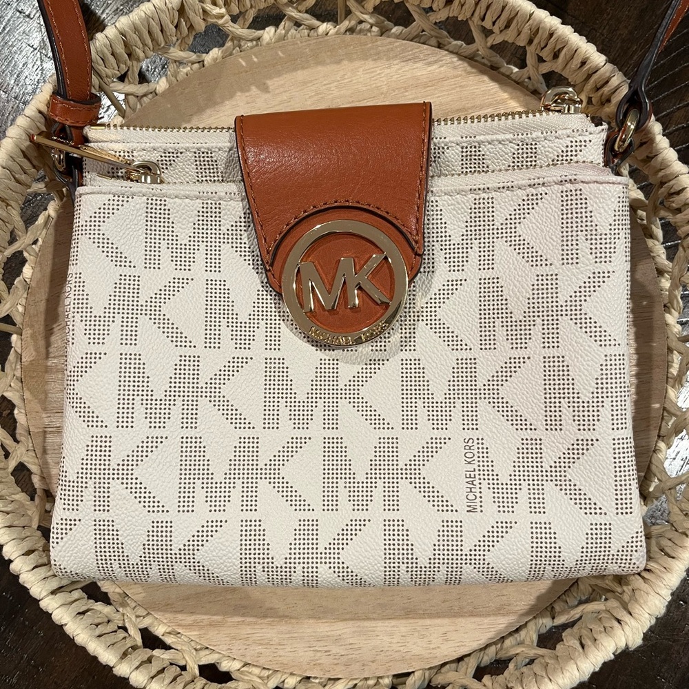 Michael Kors Tan and Brown Logo Crossbody Bag